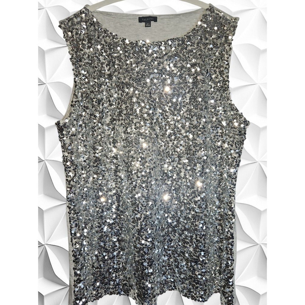 Talbots Womens Silver Sequin Pima Cotton Back Sleeveless Top Grey Medium M
